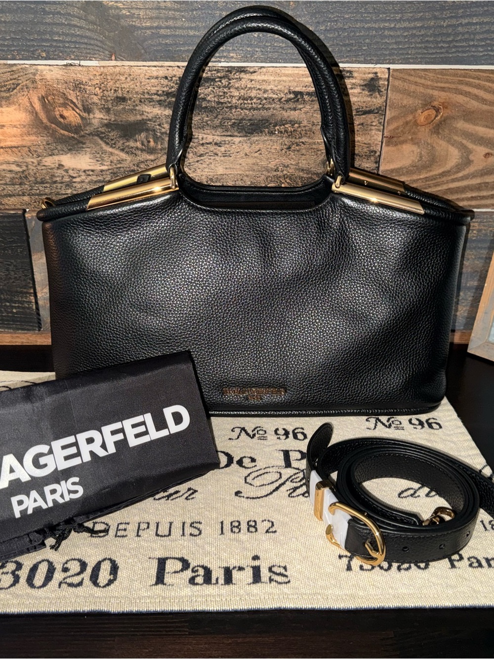 Karl Lagerfeld Black Pebbled Valerie Leather Satchel with Gold Hardware